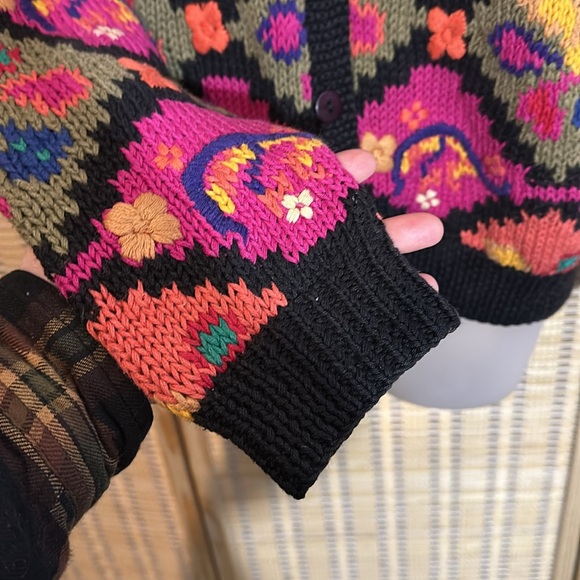 Ormond Shops Vintage Black Floral Embroidered Loose Knit Cardigan Sweater Small - Picture 9 of 15